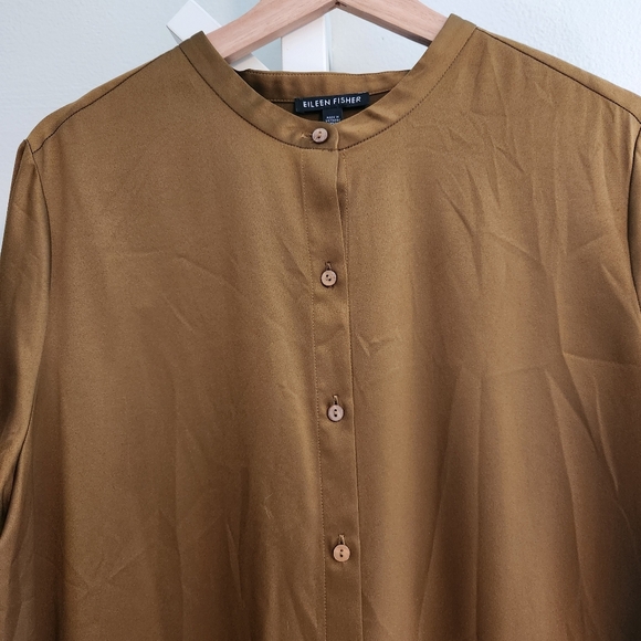 Eileen Fisher Large Gold Leaf Recycled Satin Long Shirt Dress Mandarin Collar - Picture 4 of 10